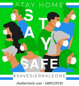 Set of men and women wearing medical mask preventing air pollution and virus with national flag : Sierra Leone : Stay home, stay safe poster layout : Vector Illustration