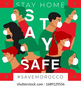 Set of men and women wearing medical mask preventing air pollution and virus with national flag : Morocco : Stay home, stay safe poster layout : Vector Illustration