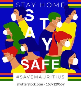 Set of men and women wearing medical mask preventing air pollution and virus with national flag : Mauritius : Stay home, stay safe poster layout : Vector Illustration