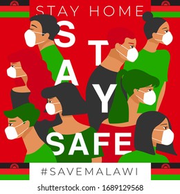 Set of men and women wearing medical mask preventing air pollution and virus with national flag : Malawi : Stay home, stay safe poster layout : Vector Illustration