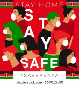 Set of men and women wearing medical mask preventing air pollution and virus with national flag : Kenya : Stay home, stay safe poster layout : Vector Illustration