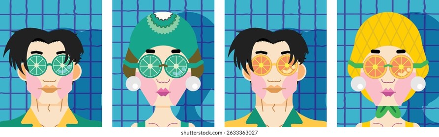 Set of Men and Women Wearing Orange Sunglasses, Orange Goggles, a bright shirt, a bright swimsuit, pearl earrings, and a pineapple and a kiwi swimming cap in a pool background.