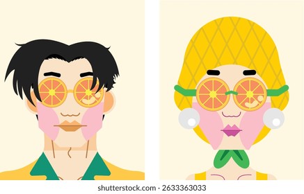 Set of Men and Women Wearing Orange Sunglasses, Orange Goggles, a bright shirt, a bright swimsuit, pearl earrings, and a pineapple swimming cap on an isolated background.