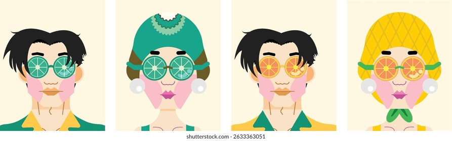 Set of Men and Women Wearing Orange Sunglasses, Orange Goggles, a bright shirt, a bright swimsuit, pearl earrings, and a pineapple and a kiwi swimming cap on an isolated background.