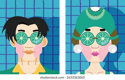 Set of Men and Women Wearing Orange Sunglasses, Orange Goggles, a bright shirt, a bright swimsuit, pearl earrings, and a kiwi swimming cap on a pool background.