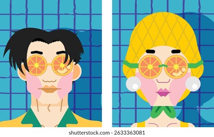 Set of Men and Women Wearing Orange Sunglasses, Orange Goggles, a bright shirt, a bright swimsuit, pearl earrings, and a pineapple swimming cap on a pool background.