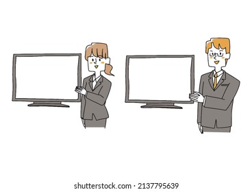 A set of men and women who explain while showing the LCD screen, a comical handwritten person vector, and simple coloring of line drawings.