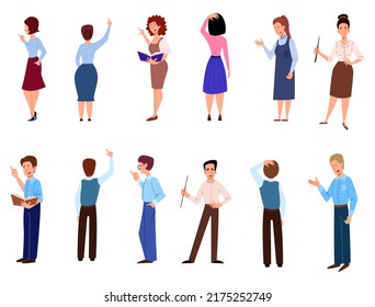 A set of men and women who report, teach. Teacher with a pointer and a book in his hand.