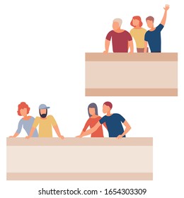 set of men and women who stand behind the podium and wave their hands in support of their team, isolated object on a white background,