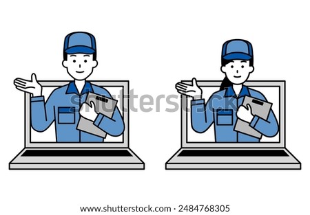 Set of men and women in work clothes providing online support