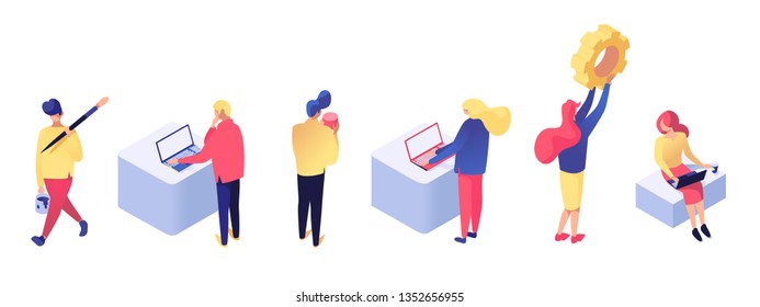 Set of men and women working in different workplaces, building web pages and elaborating software technology isometric vector illustration. Web development concept isolated on white background