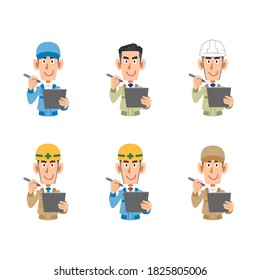 A set of men in work clothes to fill out the form