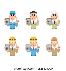 A set of men in work clothes holding a calculator and raising their index finger