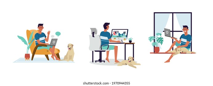 set of men working at home. Work at the desk. Work in the living room. Working by the window.  Vector illustration in flat cartoon style.