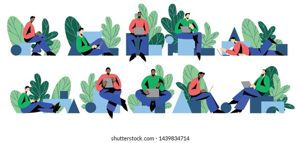 Set of men working on laptops and tablets; freelancers or remote workers. For use in web design, landing pages and applications. Flat vector illustration kit.