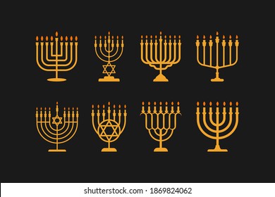 Set of menorah icon design in gold colors isolated on black background. Vector