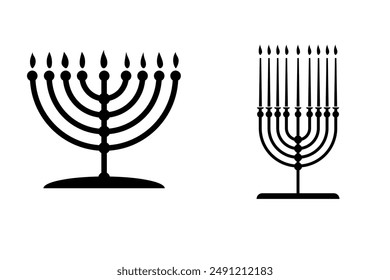 Set Menorah vector black and white image, happy hanukkah judaism religious holiday hebrew celebration, candelabrum with candles. Hebrew lampstand isolated on white background. Jewish holiday. 