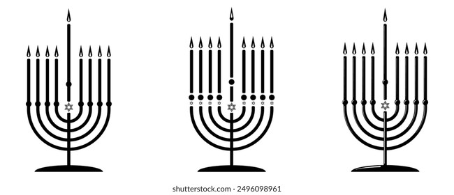 Set Menorah vector black and white image, happy hanukkah judaism religious holiday hebrew celebration, candelabrum with candles. Hebrew lampstand isolated on white background. Jewish holiday.