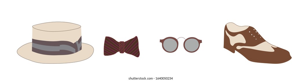 Set  Men's  Accessories 1920s  Hat, Butterfly, Glasses, Shoes . Men's Fashion Vector Illustration Isolated On Background 