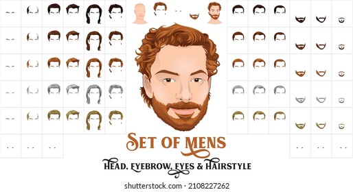 Set of Mens avatar with long or short hair, bald, with beard or without. Cartoon portraits isolated on white background Vector illustration