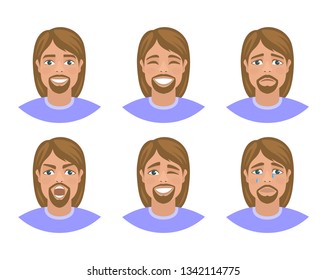 Set of mens avatars expressing various emotions: joy, sadness, laughter, tears, anger, disgust, cry. Long haired blond guy with blue eyes. Cartoon character isolated on a white background. Vector.