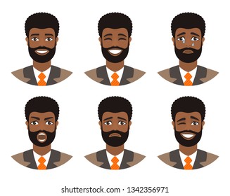 Set of mens avatars expressing various emotions: joy, sadness, laughter, tears, anger, disgust, cry. Businessman with dark curly hair and brown eyes. Cartoon character isolated on a white background. 