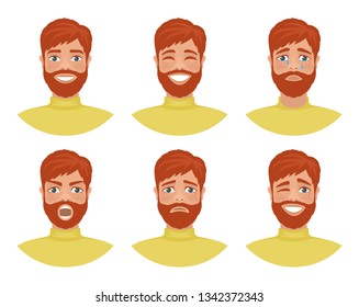 Set of mens avatars expressing various emotions: joy, sadness, laughter, tears, anger, disgust, cry. Redhead bearded man with blue eyes. Cartoon character isolated on a white background. Flat vector.