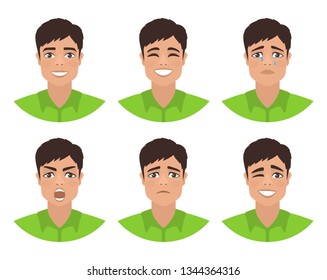 Set of mens avatars expressing various emotions: joy, sadness, laughter, tears, anger, disgust, cry. Dark-haired guy with brown eyes in a green shirt. Cartoon character isolated on a white background.