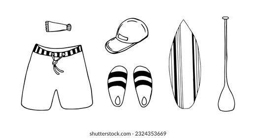 Juego de ropa de playa para hombres con tabla de remo.  Esbozos dibujados a mano, al estilo de un doodle de arte.  ilustración de color blanco y negro.