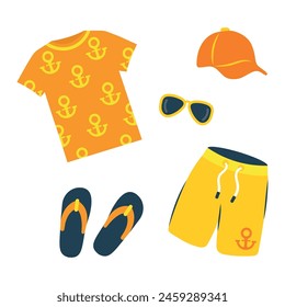 A set of men's beachwear. Shorts, T-shirt, flip-flops, orange baseball cap. Vector illustration of summer clothing and accessories icons.