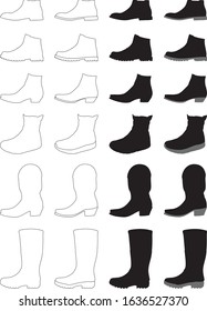 Set Of Men's Boots Silhouette Vector Illustration. Men's Boots Contour Vector Isolated On White