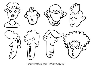 set of mens characters portrait in doodle style in vector. line art for avatar design sticker coloring postcard poster print