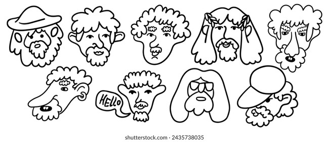 set of mens characters portrait in doodle style in vector. line art for avatar design sticker coloring postcard poster print
