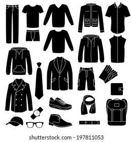 Set of men's clothes and accessories icons.