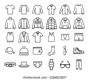 Set of men's clothes and accessories. Vector icons