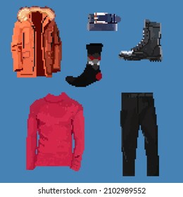 A set of men's clothing in pixels: a warm jacket, black trousers, a blue belt, a sock, a lace-up shoe. Vector graphics.