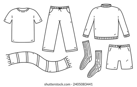 Set of men's clothing - T-shirt, pants, shorts, sweater, scarf, socks. Vector hand-drawn illustration in doodle style. Perfect for cards, decorations, logo, various designs.