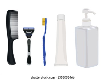 Set of men's cosmetic accessories. Hairbrush, razor, brush. Vector illustration. Isolated on a white background.