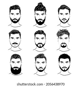 Set of men's different hairstyles and beards on white background. Collection of black silhouettes of hairstyles and beards. Vector illustration.