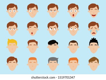 Set of men's emotions and hair. Vector illustration.