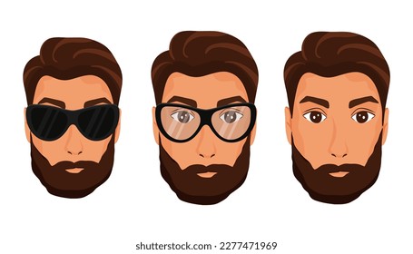 Set of men's faces with beard. Vector illustration isolated on white background. Cartoon style
