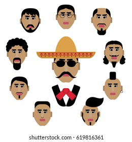 A set of men's faces with different hairstyles, mustaches, beards.

Vector illustration.Icons, stickers, cards.