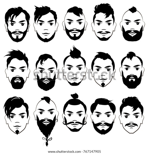 Set Mens Faces Different Hairstyles Beards Stock Vector