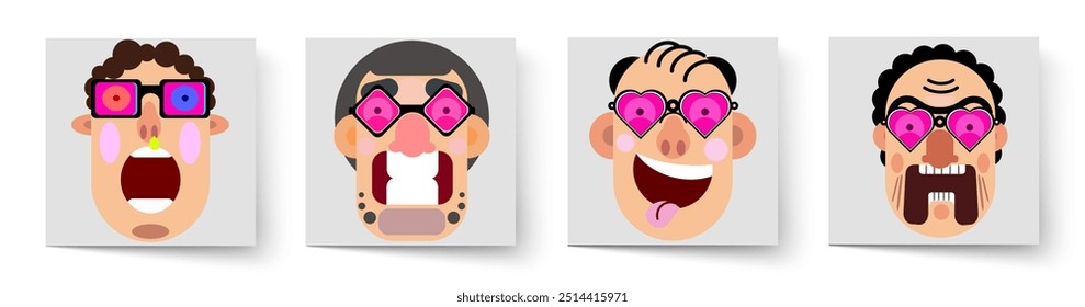 Um conjunto de rostos masculinos com óculos. Avatares. Fantasia. Não é uma orientação tradicional. Emoções. Expressões faciais. Design plano. Quadrinhos, caricaturas. De perto.