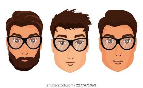 Caras de hombres en gafas. Ilustración vectorial aislada en fondo blanco. Estilo de la caricatura
