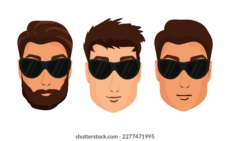 Set of men's faces in sunglasses. Vector illustration isolated on white background. Cartoon style
