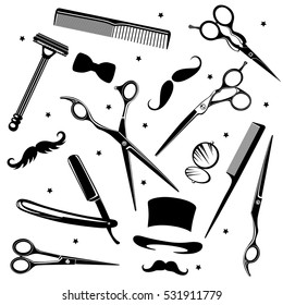 Set of men's fashion icons including barber tools and gentlemen's accessories. Vector Illustration 