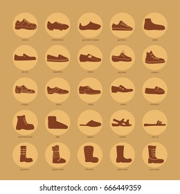 Set of men's footwear icons (boots, slippers, gumshoe, oxford shoes, espadrilles, top-siders, monks, snow boots, sandals, derdy shoes). Round icons with silhouettes of shoes. Labels for shoe boxes.