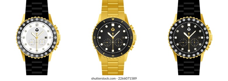 Set Mens Gold y diamantes Relojes de acero inoxidable lujoso minimalista Cuartz reloj de pulsera hombres Business Casual Watch vector negro