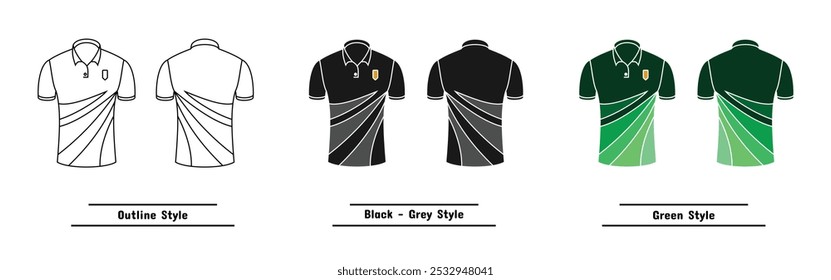 set of men's golf shirt designs, available outline, solid black and colored, editable vector eps 10.